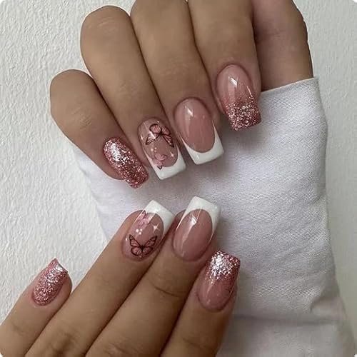 A N K Coffin Ballerina Tapered Press on Rainbow False Nails, Glossy Metallic Acrylic Nail False Tips Artificial Finger Manicure for Women (natural square butterfly)