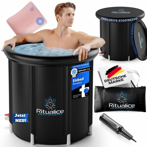 Ritualice® Premium Eisbad (80 cm Ø) XL Komplettset - TESTSIEGER - Eistonne Set mit Deckel, Stoffbezug und XL Tasche - Eisbaden ideal für Kryotherapie und Regeneration - Eisfass mit 5-Facher Isolierung