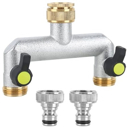 RUCUDIM Distributore di acqua a 2 vie per rubinetto, adattatore 3/4 1/2 doppio raccordo da giardino con rubinetto a sfera per regolare e chiudere