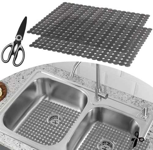 Tapete para fregadero de cocina de acero inoxidable y cerámica, paquete de 2 alfombrillas protectoras para fregadero de cocina con tijeras, drenaje rápido, fácil de limpiar, corte de bricolaje