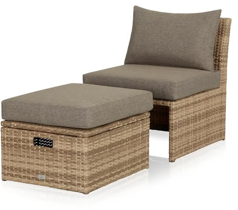 KHG Gartenset Geflecht braun Sessel mit Hocker mit Stauraum für Balkon, Terrasse, Garten inkl. Kissen moderner Sessel Gartensessel Outdoor
