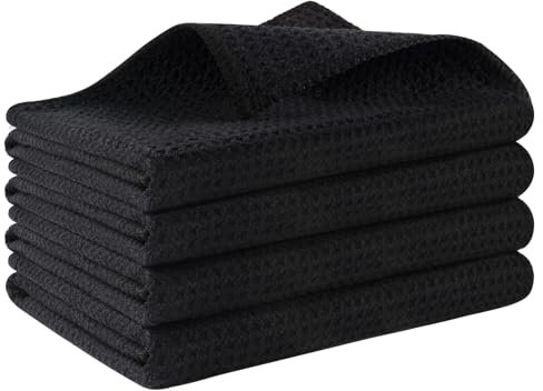 Sunland 4 Stücke Mikrofasertuch Waffelstruktur Spüllappen fusselfrei Waffeltücher schnelltrocknend Spültuch wiederverwendbar Putztücher waschbar Geschirrtücher für Küche Haushalts 40 x 60 cm Schwarz