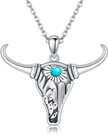 JERWLI Stier schädel Halskette 925 Sterling Silber Longhorn Halskette Kaktus Bullen Anhänger Westtürquoise Schmuck Geschenk für Frauen Mädchen