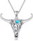 JERWLI Stier schädel Halskette 925 Sterling Silber Longhorn Halskette Kaktus Bullen Anhänger Westtürquoise Schmuck Geschenk für Frauen Mädchen