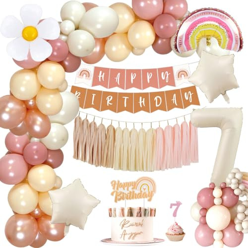 YYDSXK Geburtstagsdeko Mädchen 7 Jahre, Boho Retro Rosa Geburtstag Deko mit Happy Birthday Banner, Tassel, Folie Stern Luftballon, Cake Topper, Boho Party Deko für Geburtstag 7 Jahre Mädchen