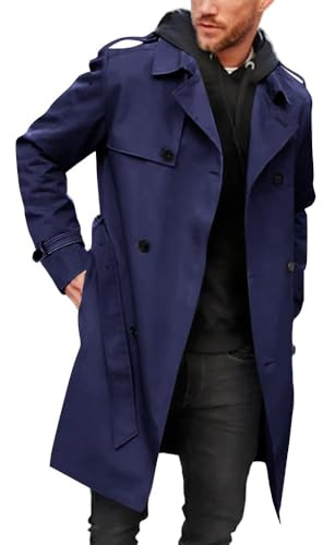 Runcati Herren Mantel Doppelknopfleiste Trenchcoat Langer Revers Business Jacke mit Gürtel, blau, XXL