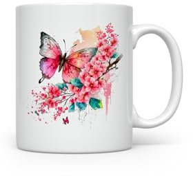 MAXIKIWI - Tasse à café ou à thé en céramique lisse et durable pour la maison ou le bureau - Parfait pour toutes les occasions - Papillon rose avec fleurs - 300 ml