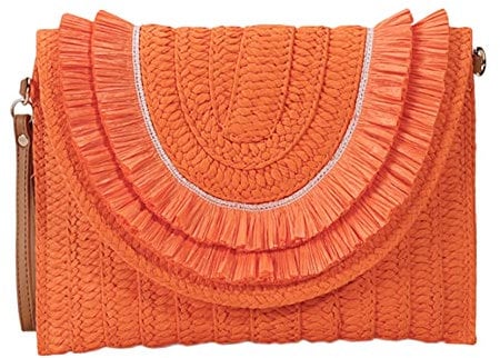 Straw Handbags Raffia Woven Bag Straw Purse Summer Beach Crossbody Bags for Women Orange Clutches