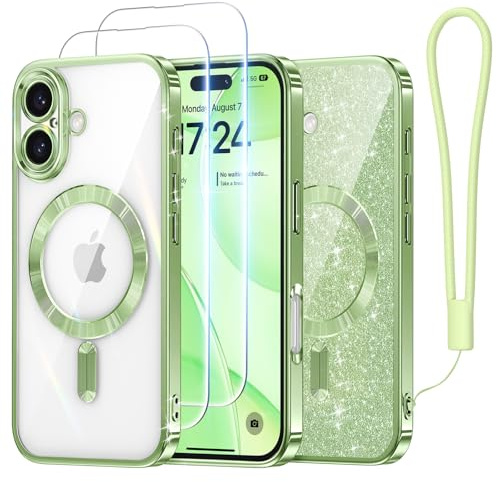 Meifigno Candy Series Case Designed for iPhone 16 Plus, [Compatible with MagSafe] [2X Screen Protectors] [Glitter Card & Wrist Strap] Full Camera Protection Designed for iPhone 16 Plus Case, Green