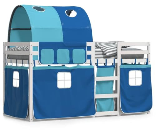Keyroto Kinder Hochbett 80x200 Etagenbett 2 Kinder Etagenbett 2 Personen Hochbett 80x200 mit Vorhängen Massivholz Kiefer Blau 80x200 cm