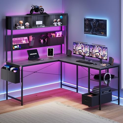 Dowinx LED Gaming Tisch, L-förmiger Schreibtisch mit Stecktafel und Stauraum, Umkehrbarer Computertisch mit Steckdosen und USB, Büro-Eckschreibtisch für Heimspiel Grau, 120x148cm