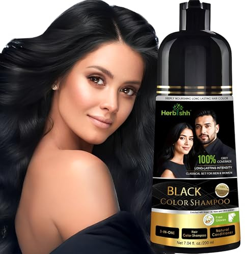Herbishh Black Shampoo, Hair Dye Shampoo 3 in 1, 100% Grey Coverage, Demi-Permanent Hair Color for Men & Women, Long-lasting Color in 5-15 Mins, Ammonia-free, 200 ml