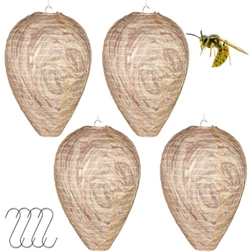 Wespennest Attrappe, 4 Stück Hornissennest Attrappe, Mini Wespennest Hängender Hornissennest Wetterfest Wespennesterköder Attrappe für Haus und Garten Outdoor (Mit 4 Häkchen)