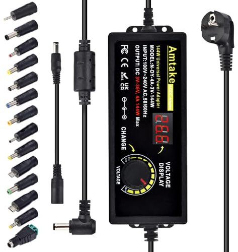 Einstellbares Netzteil 3V-36V Universal Netzteiladapter 4A 144W Verstellbarer Netzadapter 100V-240V AC to DC mit LED Spannungsanzeige und 14 Tipps für Haushaltselektronik, 4000mA Max