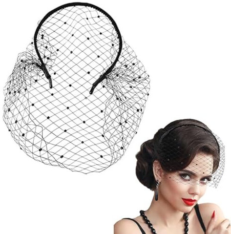 LAKJUOZ Schwarzer Schleier Black Mesh Veil Headband Rhinestone Bridal Veil Mesh Fascinator For Women 1920S Headwear For Funeral Wedding Tea Party Race