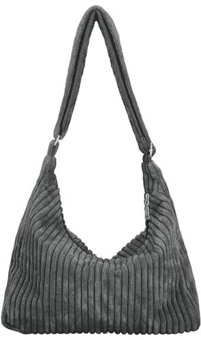 Ulisty Damen Latschig Cord Hobo Tasche Verstellbarer Riemen Schultertasche Umhängetasche Lässig Tragetasche Handtasche grau