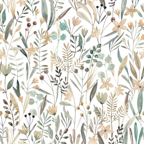 VaryFloral Papier Peint Fleuri Blanc Papier Peint Autocollant 44.5cmx400cm Rouleau Adhesif Decoratif Vert Sauge Film Autocollant Meuble Tropicale Vintage Adhesif pour Meuble Cuisine