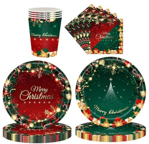 Haowul Buon Natale Festa a Tema Set di Stoviglie USA E Getta Piatti di Carta Tovaglioli Tazze Tovaglia Decorazioni Natalizie per Casa 2023 Capodanno