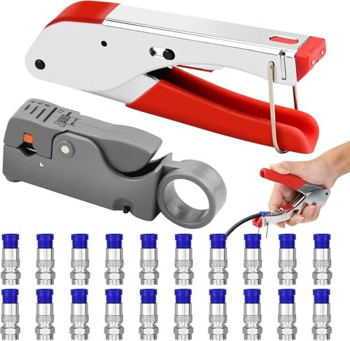 Cable Crimper Compression Tool Kit Compression Crimping Tool Coax Cable Crimper Kit Double Blades Cable Stripper with 20 F Connectors for Coaxial Cable RG59/RG6