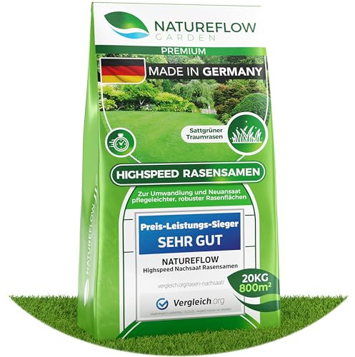 Rasensamen schnellkeimend Herbst 20kg 800qm - TEST SEHR GUT - Schnell wachsende Rasen Nachsaat Made in Germany - Premium Grassamen schnellkeimend - Rasensaat für sattgrünen Traumrasen