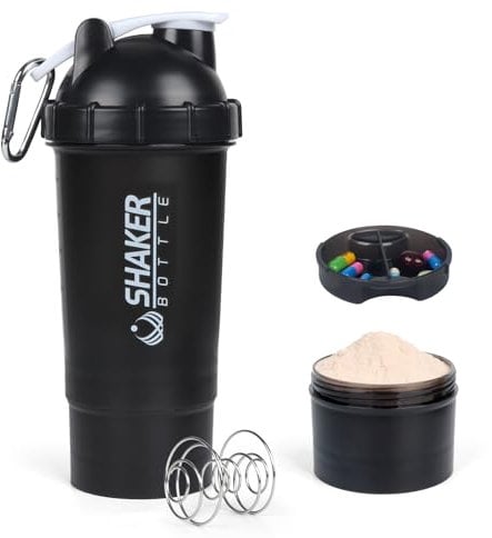 XTKS Eiweiß Shaker 500ml, Protein Shaker Flasche mit Kugel & Pulverfach, Auslaufsicher, BPA-frei, Fitness Shaker (Weiß)