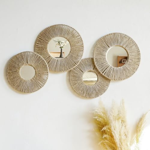 Artilady 4 Stück Hängekörbe Wandkunst – Dekorativer gewebter Weidenkorb, Boho-Wandbehang, rustikale runde Spiegel, natürliche Jute, Heimdekor-Set für Schlafzimmer, Wohnzimmer, Kinderzimmer