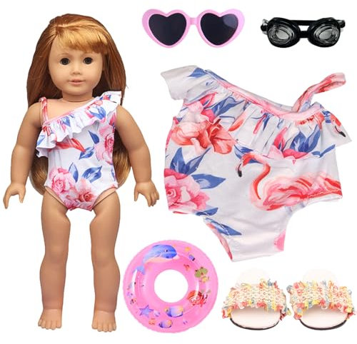 Schwimm-Set für Puppen, Puppenkleidung Sommer 6 Teilig Puppenzubehör Kleidung Outfits, Baby Puppen Schwimmset für Puppen mit Badeanzug Schwimmring Sonnenbrille für 35 - 45 cm Schwimmpuppe
