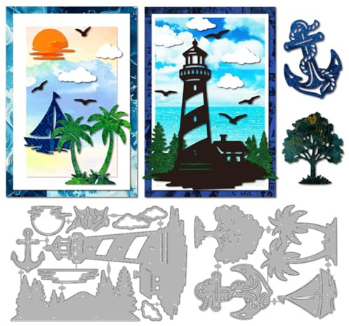 MAYJOYDIY Stanzschablonen Mit Sommer Leuchtturm Meer Kokosnussbaum Metallstanzungen Segelboot Anker Karbonstahl Prägevorlagen Für Scrapbooking Basteln Kartenherstellung Geburtstagsgeschenk Dekoration