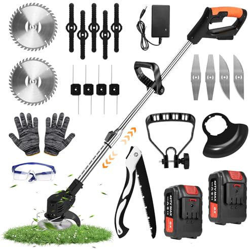 Cordless Strimmer, 24V Electric Grass Trimmer with 2 * 4000mAh Batteries, 850W Portable Brush Cutter with 5 Types Replaceable Blades, Telescopic Strimmers for Garden Lawn Shrubs Pruning