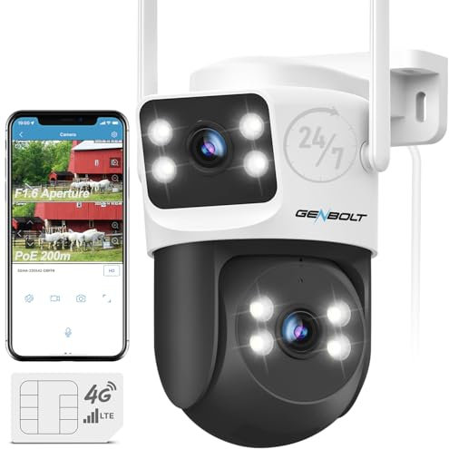 GENBOLT 4G LTE Telecamera Esterno con Scheda SIM Senza WiFi, Videocamera Sorveglianza CCTV PoE a Doppio Obiettivo Cablata, 24/7 Registrazione Tracciamento Automatico Visione Colore IP66