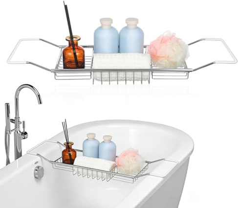 Cabilock Over Bath Tray, Extendable Stainless Steel Bath Caddy, 63-85 cm | Stainless Steel Bath Shelf, Over Bath Rack, Adjustable 63-85cm, 15kg Load, Rustproof,Anti-slip Phone/Wine Holder, Home Spa