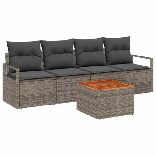 vidaXL Gartensofa-Set mit Kissen 5 pcs Grau Poly-Rattan, Garten-Sofa-Set, modern, langlebig, leicht, modulare Elemente, UV-beständig, gemütliche Lounge-Ecke