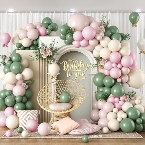 Kit d'arche de ballons roses et verts, 122 pièces, vert sauge, macaron, rose poudré, ivoire, blanc mat pour filles, pour anniversaire, mariage, fiançailles, fête prénatale, décoration de fête