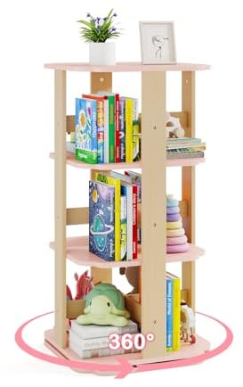 DREAMADE Kinder Bücherregal 360° drehbar, 3-stöckiges Drehregal mit 12 Fächern, bodenstehender Bücherturm aus Holz für Kinderzimmer, Spielzimmer,Kindergarten, Rosa