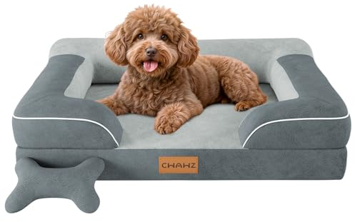CWAWZ Mittelgroße Hundebett,76x51cm Orthopädisches Hundebett mit Knochenspielzeug, Kühlender Memory Foam Waschbar Hundesofa, Wasserdicht rutschfest Großes Hundesofa,Dunkel Grau