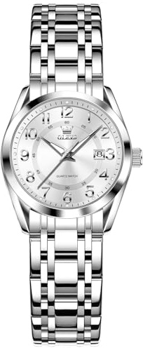 OLEVS Damen Uhr Edelstahl, Eleagnt Diamant Damenuhr mit Datum, Wasserdicht Armbanduhr Damen Kleines Zifferblatt, Mode Quarzuhr Geschenke für Frauen