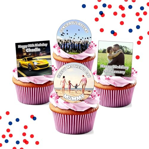 PRECUT Edible Personalised Photo Cupcake Toppers - Up To 8 Different Images - Circle OR Square - Premium Wafer Custom Cake Toppers - Perfect for Cupcakes, Cookies, Brownies, Muffins & More!