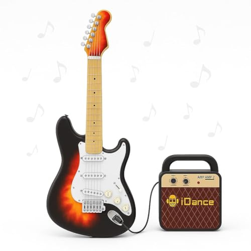 Guitare électrique pour enfant avec haut-parleur - 4 modes de guitare, 8 boutons de touche et 56 boucles - Batterie rechargeable - Comprend cordes, sangle et amplificateur - Instrument de musique pour