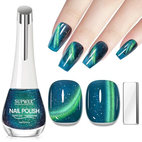 SUPWEE Lime Dark Green Magnetic Nail Polish, Cat Eye Nail Polish Non Gel | Magnet Stick Fast Drying Shimmer Galaxy Glitter Effect Nails Varnish Manicure Art DIY for Women 16ml