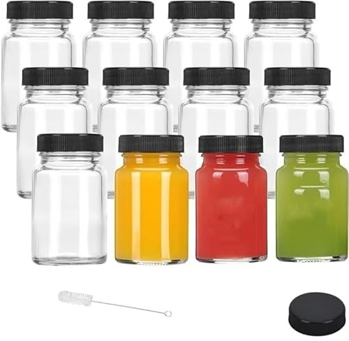 ASOUUNLD 12 Botellitas de Cristal Pequeñas, Shots Botellitas de 60 ml Mini Botellas de Cristal con Tapas, Etiquetas Botes Cristal Pequeños para Jugo, Jugo de Jengibre, Wellness Shot