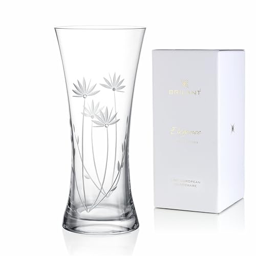 Brilant Bloom Glasvase - Elegante Blumenvase Modern, Deko Vase Glas mit Blumenmotiv und Hochwertigen Kristallakzenten, Geschenke für Frauen, Handgefertigt in der EU - 1 Stück