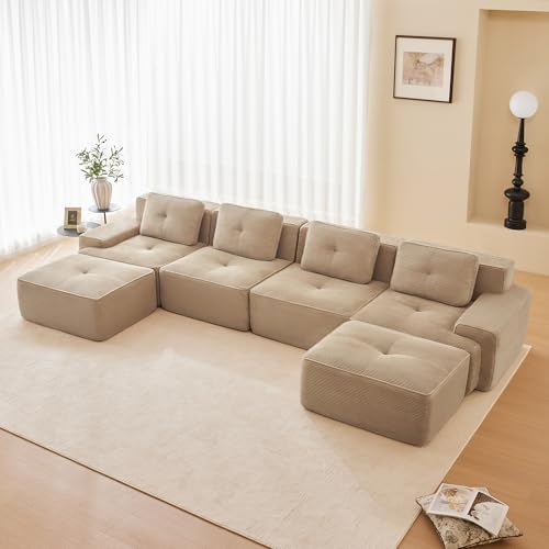 Bladez Modernes 4-Sitzer Cord Sofa Modulares U-förmiges Ecksofa mit Ottoman, Ohne Montage, Cloud Polstersofa Couchs,32D Hochelastische Schaum Boneless Sofa für Wohnzimmer (Hellkhaki, 4-Sitzer+2)