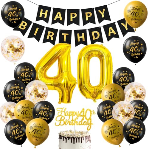 Deko 40. Geburtstag, Partydekorationen zum 40. Geburtstag in Schwarz und Gold, Luftballons zum 40. Geburtstag in Schwarz und Gold, Fotodekorationen zum Geburtstag, unisex.