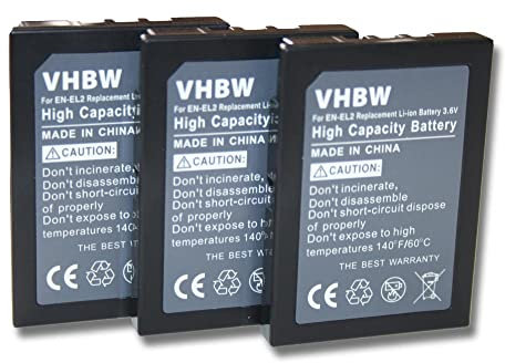 vhbw 3X Akku kompatibel mit Nikon CoolPix 2500, 3500, SQ Kamera Digicam DSLR (800mAh, 3,6V, Li-Ion)