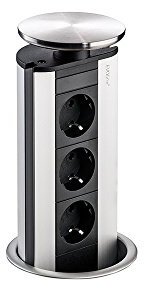 Evoline®Port 2 Edelstahl, Deckel Silber Kunstsoff-3 Schukosteckdosen mit Push-Funktion