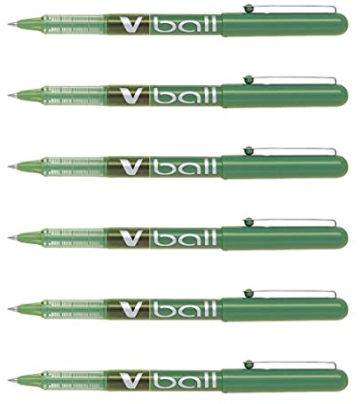 Pilot Pack of 6 V Ball VB5 Rollerball Pens - Liquid Ink - Fine Metal Tip - Green