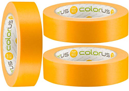 Colorus 3 x Premium Goldband PLUS | Maler Abklebeband 30 mm x 50 m für extrem flache Farbkanten | Maler-Abdeckband 120 Tage UV-beständig | Malerband für Innen, Außen | Für Lack, Lasur, Farbe …