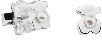 TOUS Pendientes de Plata de Primera Ley para Mujer con Cierre de Presión, con Motivo de Osos 6mm y Perla Cultivada, Originales y Unicos, Colección Super Power
