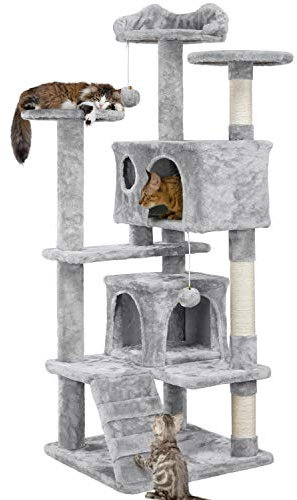 Yaheetech Arbre à Chat avec 2 Niches 3 Plateformes 2 Boules en Sisal Arbre à Grimper Multi-Niveaux Hauteur 137cm Idéal pour 3-4 Chats Gris Clair