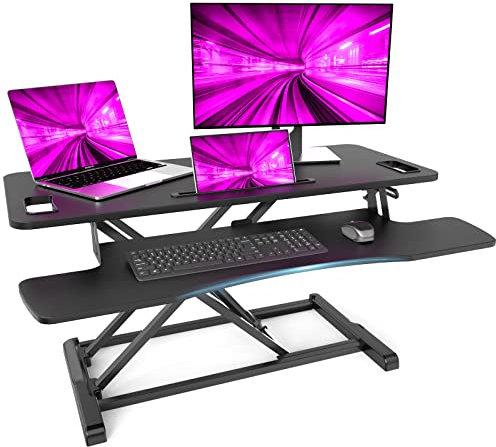 PUTORSEN 37.4 inch Standing Desk Converter, Height Adjustable Sit Stand Desk Converter, Ergonomic Adjustable Desk Riser with 37.2 inch Keyboard Tray and Tablet Slot, Black
